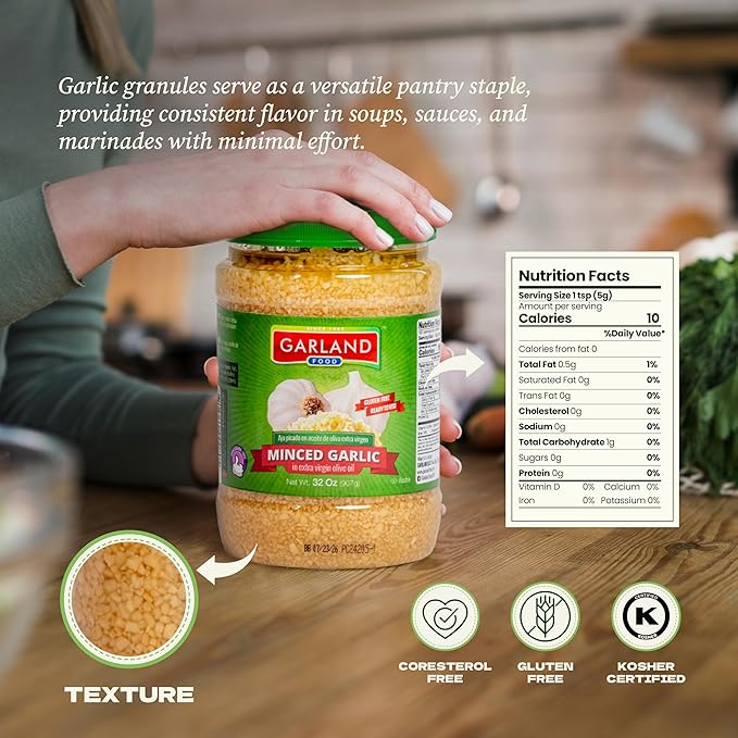 Garland Food Minced Garlic in Jar in Olive Oil 32 oz ??Made in the USA ??Minced Garlic in Olive Oil Ready to Use for Cooking & Marinades