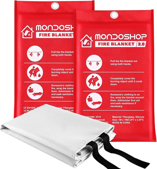 Mondoshop Silicone Fire Blanket for Home - 2Pack 40"x40" Emergency Fire Blankets for Kitchen, Fire Retardant Blankets for Car, Camping, Grill, Office, Warehouse, School, Picnic