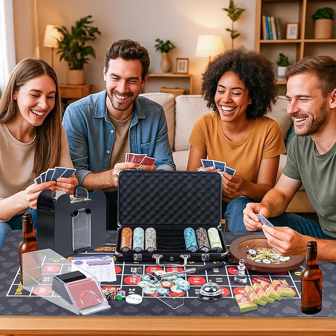 5 in 1 Super Pro Casino Game Set: Blackjack/Texas Hold'em/Roulette/Craps/Poker Kit, 10" Wooden Roulette Wheel, Carrying Case with 300 Clay Chips, 6 Deck Shuffler, 2 Double-Sided Rubber Mat And More