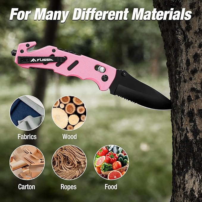 FLISSA Folding Pocket Knife with Clip, Glass Breaker and Seatbelt Cutter, Survival Knife for Emergency Rescue Situations, EDC Knife for Tactical, Hunting, Camping, Outdoor, Unique Gifts for Dad, Father-Pink