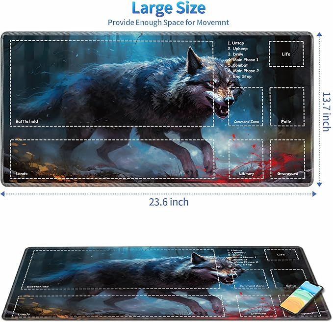 Playmat for MTG with Zones, 24 x 14 inches Game Play Mat for MTG TCG, Trading Card Game Play Mat Desk Mats with Stitched Edges Non-Slip Base, Fierce Wolf