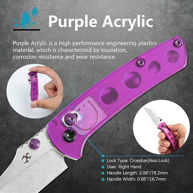 KANSEPT Little Main Street Pocket Folding Knives EDC Axis Lock Camping Knife 2.26'' Stonewashed 154CM Blade Knife with Purple Acrylic Handle for Men Women Everyday Carry T2015V2