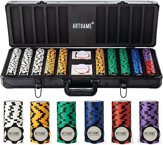 ARTGAME 14 Gram Clay Poker Chip Set for Texas Hold’em, 500Pcs Casino Style Chips, with K-Type Aluminum Case and Dealer Buttons.
