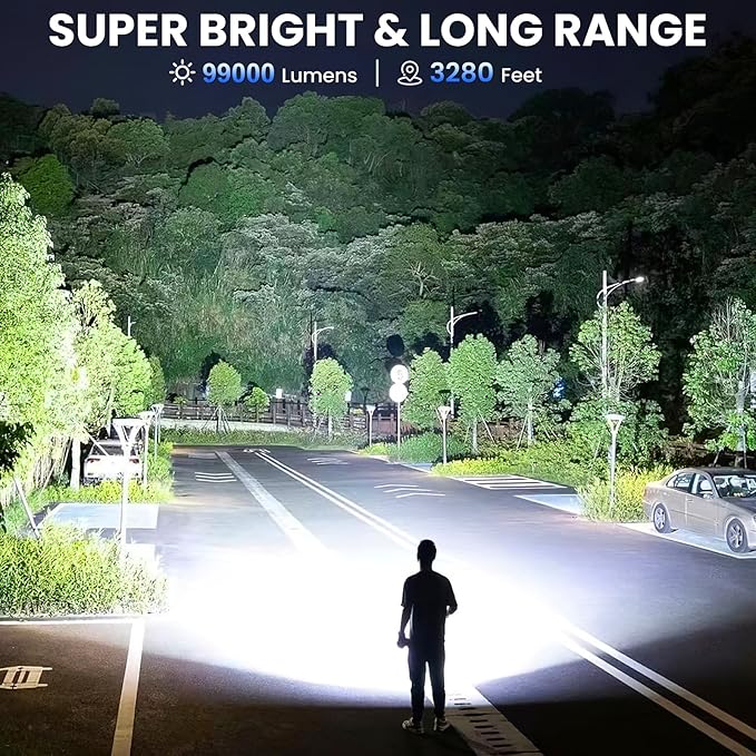3 Pack Rechargeable Flashlights High Lumens, 90,000 Lumen Super Bright Led Flashlight with Adjustable 3 Modes & Power Display, Brightest Handheld Waterproof Flash Lights for Home Camping Hiking