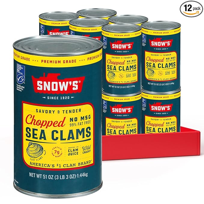 Snow's Chopped Sea Clams in Clam Juice, 51 oz Can (Pack of 12) - Premium Grade Wild Caught Gourmet Surf Clams - 7g Protein Per Serving - Gluten Free, Keto Friendly, 99% Fat Free