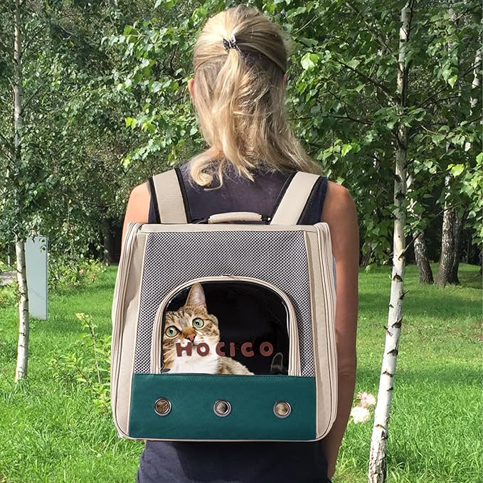 Cat Backpack, Pet Backpack with Breathable Mesh, Soft Dog Travel Bag with Pockets and Padded Straps, Airline Approved Dog Backpack(M, Green)