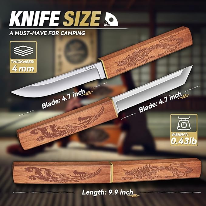 Purple Dragon Tanto Fixed Blade Knife, Katana Survival Bushcraft Knife, Full Tang Samurai Knives 2 in 1, Ideal for Camping, Fishing, Hiking, Hunting-Knives for Men, Gift for Father (Wood)