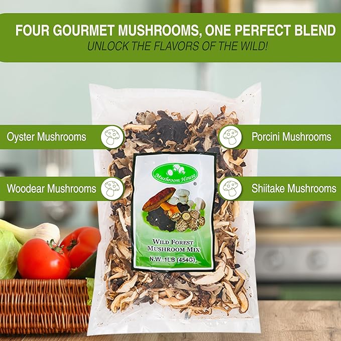 Mushroom House Dried Wild Forest Blend, 16 oz - Gourmet Mix of Porcini, Shiitake, Oyster & Woodear - Rich Umami Flavor for Pasta, Soups, Sauces & More -Long Shelf Life, Pantry Essential for Home Cooks