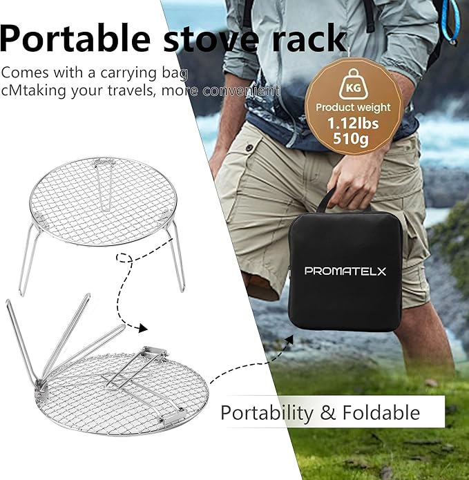 RROMATELX Small Folding Camping Grillï¼?04 Stainless Stee Portable Camping Stove，Campfire Grate，Heavy Duty Rack Camping with Carrying Bag for Outdoor Cooking Backpacking Hiking Picnic BBQ
