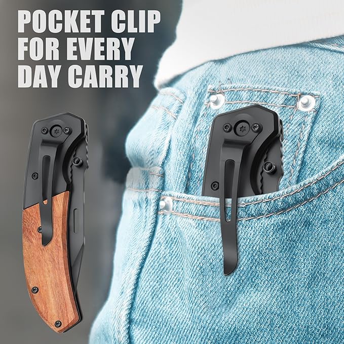 Vickay Pocket Knife, Folding Knife with Clip - 3.54??Steel Blade, Wood Handle EDC Knife for Men & Women, Outdoor Camping, Hunting, Hiking, Fishing - Father?™s Day Gift (Black)