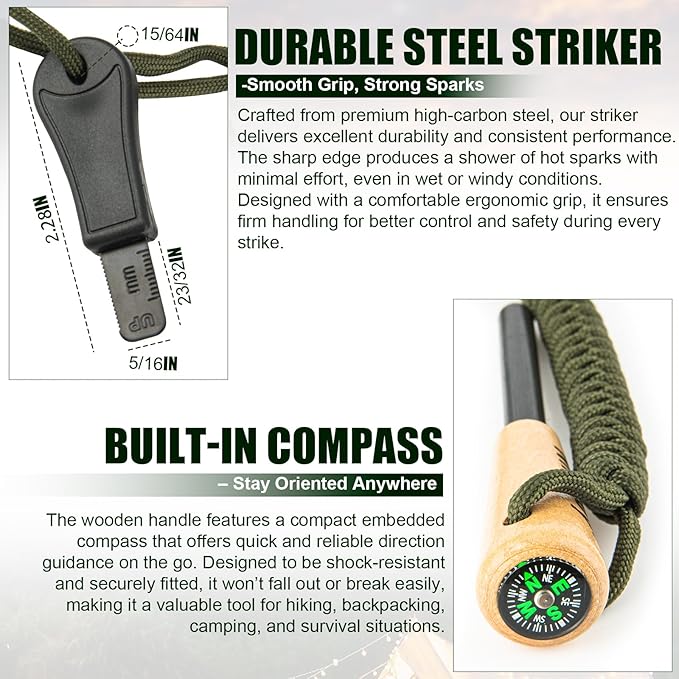 Ferro Rod Fire Starter – Carbon Steel Striker & Compass-Integrated Wooden Handle | Flint and Steel Survival Tool for Camping, Hiking, Emergency