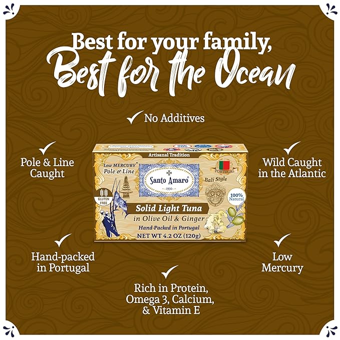 Santo Amaro - Artisanal Wild Tuna Fillets in Olive Oil & Ginger, Pole & Line Wild Caught Tuna from Portugal, Hand-Packed Bali-Style Canned Tuna Fish, 22g Protein, Paleo, Keto, Low Mercury, Pack of 3