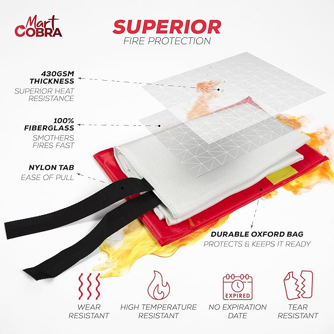 Mart Cobra Emergency Fire Blanket for Home and Kitchen - 1 Pack - Fire Blankets Emergency for Home Safety 40??x 40??- Suppression Shield Retardant Extinguisher Fiberglass Welding Fireproof Cloth Towel
