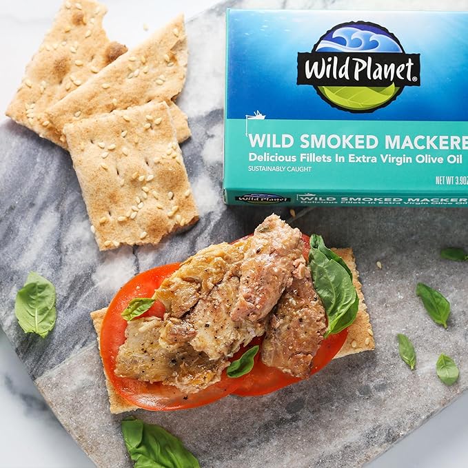 Wild Planet Wild Smoked Mackerel Fillets in Extra Virgin Olive Oil, Tinned Fish, Canned Salmon, Sustainably Wild-Caught, Non-GMO, Keto and Paleo, 3.9 oz, pack of 12