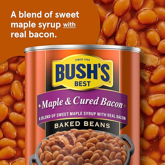 BUSH'S BEST 16 oz Canned Maple Cured Bacon Baked Beans Source of Protein and Fiber, Low Fat, Gluten Free, (Pack of 12)