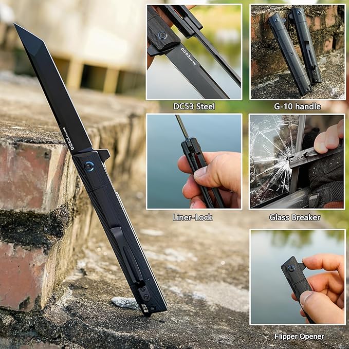 Flipper Pocket Folding Knife,DC53 Steel Blade and G10 Handle. With pocket clip and glass breaker,men's pocket knife hiking trip EDC tool Knife (Black PVD Blade)