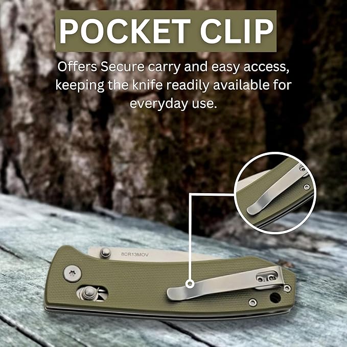 Rite Edge Premium Folding Pocket Knife - 4.25" Stainless Steel Blade, G10 Handle, Belt Clip, Camping Folder, Outdoor Utility, Father's Day Gift - Green