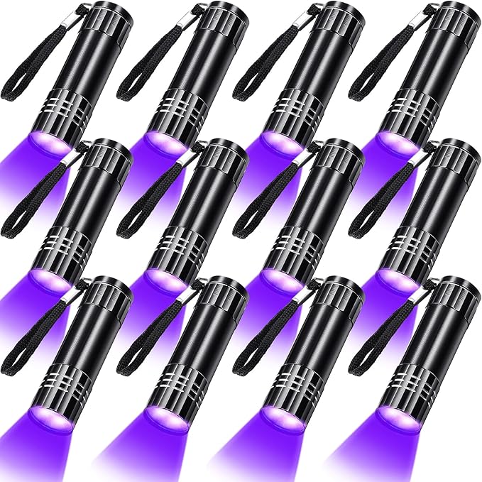 Riakrum 12 Pieces UV Blacklight Flashlights LED Handheld Mini Light Flashlight Small Portable Detector 395nm 9 LED Light for Pet, Carpet Dry Stains Detection, Spot Scorpions, Resin Curing(Black)