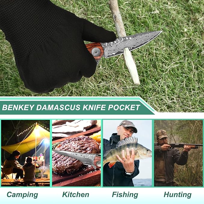 Benkey Damascus Folding Knife with Clip Leather Sheath Camping Knife EDC, Sharp Damascus Pocket Knife Handmade with Liner Lock and Wood Handle for Outdoor Survival Hunting Collection