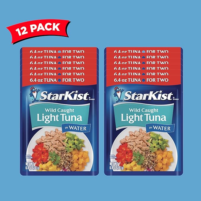 StarKist Chunk Light Tuna in Water, 6.4 oz Pouch (12 Pack) Ready to Eat Wild Caught Tuna, 19g Protein Per Serving, 80 Calories Per Serving, Gluten Free, Soy Free, Kosher, Perfect for Meals and Snacks