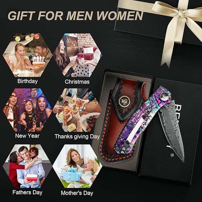 Benkey Damascus Pocket Knife, Sharp VG10 Core Damascus Steel Folding Knives with Leather Sheath, Unique Abalone Seashells Handle, Ball Bearing, Liner Lock, Original EDC Damascus Knife for Men Women