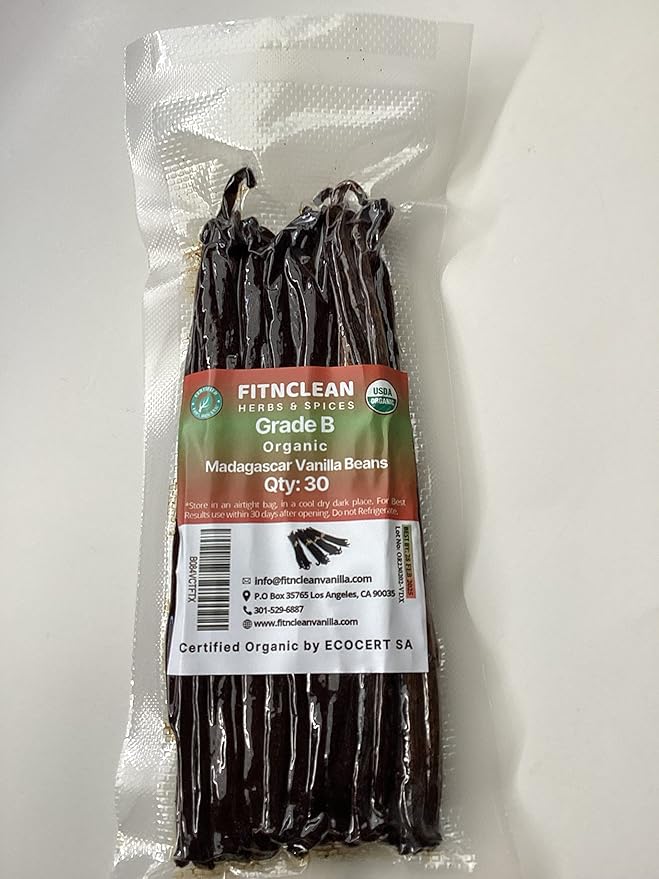 30 Madagascar Organic Vanilla Beans Grade B. Certified USDA Organic. Bulk Bourbon 5"-7" by FITNCLEAN VANILLA| Whole NON-GMO PODS