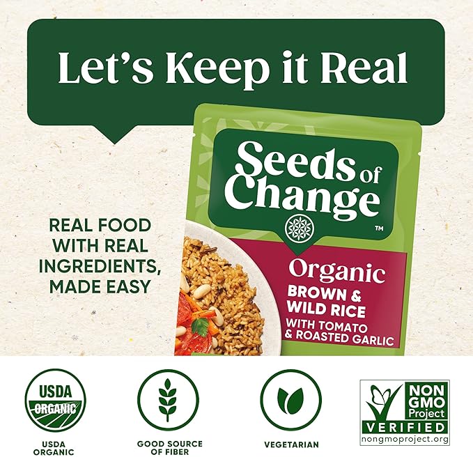 SEEDS OF CHANGE Certified Organic Brown and Wild Rice with Tomato & Roasted Garlic, Organic Food, 8.5 oz Pouch (Pack of 12)