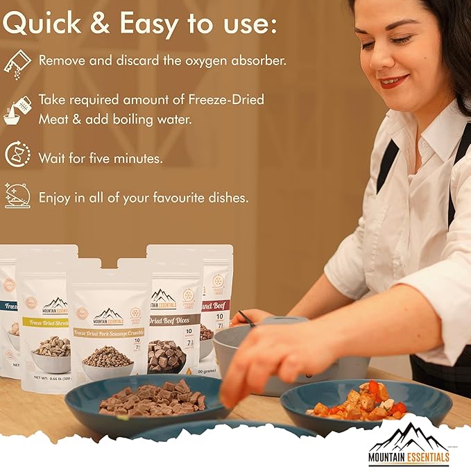MOUNTAIN ESSENTIALS Freeze-Dried Meat Variety Kit ??3 Chicken Dices, 3 Beef Dices, 3 Ground Beef, 2 Shredded Pork & 1 Pork Sausage Crumble | 10 Servings per Pouch | Shelf-Stable Daily Meals, Camping & Emergency Food | Made in USA