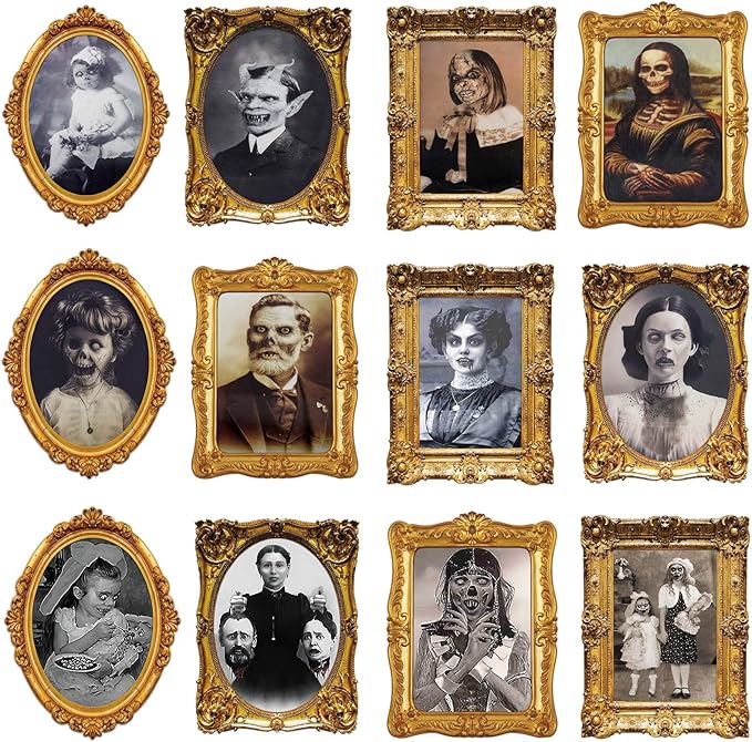 ECGER Halloween Decorations Indoor, Haunted Scary Decor - 3D Changing Face Pictures, Vintage Moving Wall Portraits Frame, For Horror Spooky Party Mansion Castle House Home Decoration(12 Pieces)