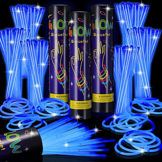 Hanaive 300 Pcs Glow Sticks Bulk 8 Inch Glow in The Dark Party Favors Neon Bracelets and Necklaces Light up Sticks with Connectors for Holiday Birthday Party Supplies(Blue)