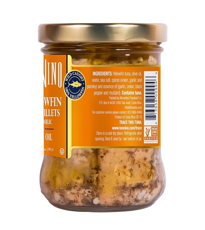 Tonnino Yellowfin in Olive Oil with Garlic 6.7 oz - 6-Pack: Omega-3, High Protein, Gluten-Free, Ready-to-Eat Packets for Salads, Fish Alternative to Salmon, Rich Flavor