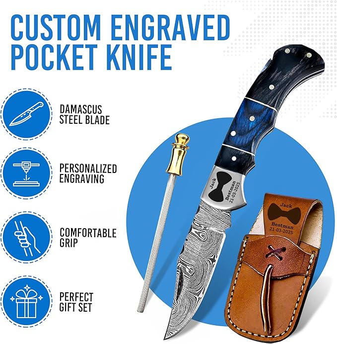 Set of 3 - Personalized Damascus Pocket Knife for Groomsmen -With Leather Sheaths - Custom Engraved Pocket Knives | Groomsman Gifts for Wedding, Groomsmen Proposal Gifts