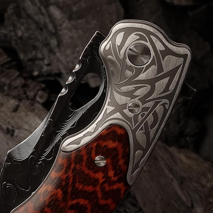 handmade damascus steel pocket folding knife, Snakewood handle with pocket clip and leather case, camping, climbing, fishing, EDC pocket knife