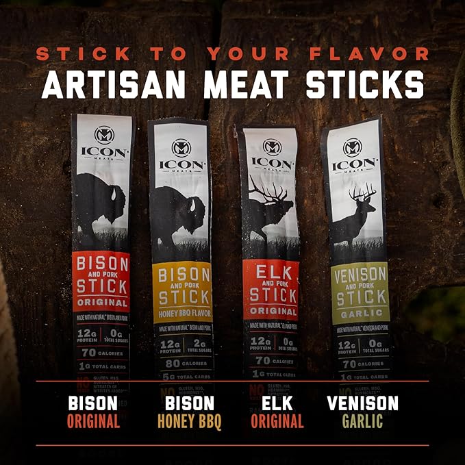 ICON Meats Snack Sticks Sampler - Assorted Flavors of Bison, Elk, Venison and Pork Jerky Sticks - 24 Pack of Individually Wrapped Meat Sticks, 6 Per Flavor – USDA Approved, All Natural Artisan Meats