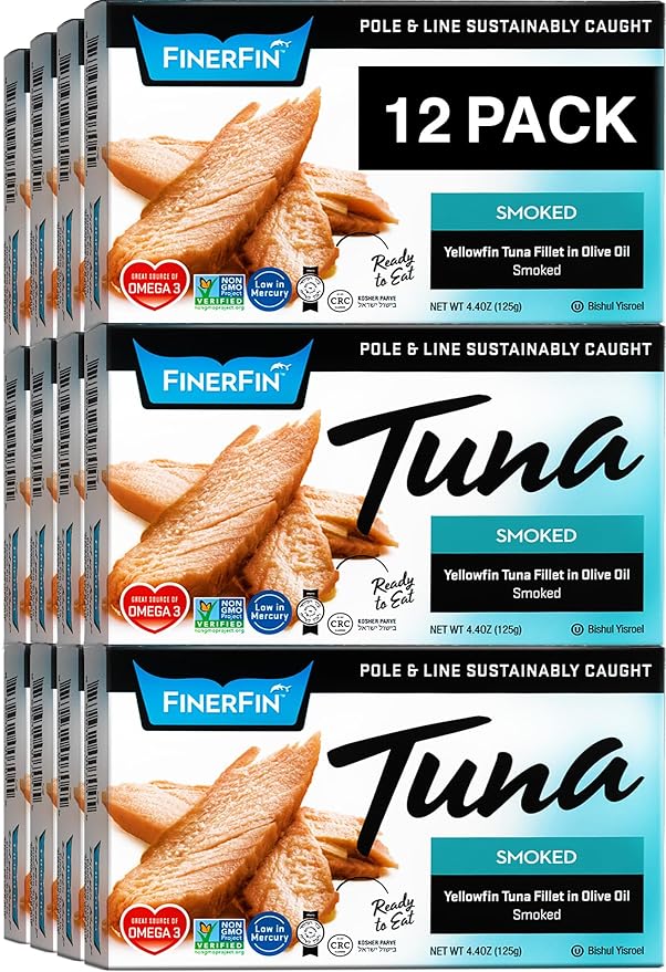 FinerFin Premium Smoked Yellowfin Tuna Fillets in Organic Extra Virgin Olive Oil, 4.4 oz (12 Pack) | Hand Cut | Gourmet Ready-to-Eat Fillets | Gluten Free | Kosher