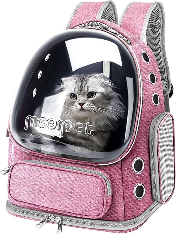 Cat Backpack Carrier, Breathable Cat Bubble Backpack Large Space Cat Carrier Backpack for Kitty Small Dog, Foldable Airline Approved Cat Backpack, Transparent Pet Travel Backpack Up to 20 lbs (Pink)