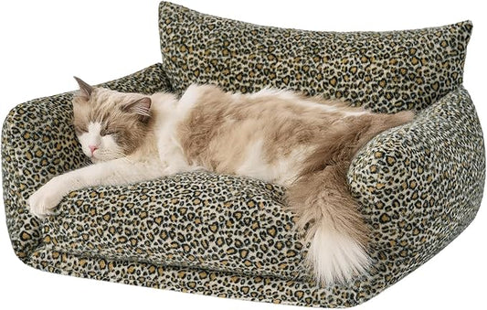 Hollypet Cat Bed Fluffy Plush Mutifuctional Double-Layer Soft Pet Couch Orthopedic Sofa Nest Beds for Small Cats and Dogs, Black Leopard (25x20x13 inch)