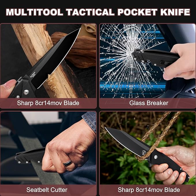 AUBEY Pocket Knife, 8Cr14Mov Steel Blade 3.54", 3-in-1 Folding Knife for Men, Tactical Multitool Knife with Glass Breaker Seat Belt Cutter for EDC Outdoor Survival Camping Hiking (G10 Handle)