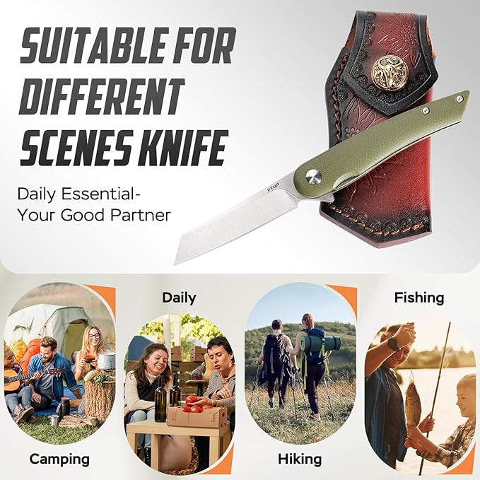 Folding Pocket Knife with Leather Sheath, 2.79??14C28N Steel Blade Micarta Handle Flipper Liner Lock Small EDC Folding Knife, Sharp Camping Hunting Outdoor Survival Knives for Men Women (Green)