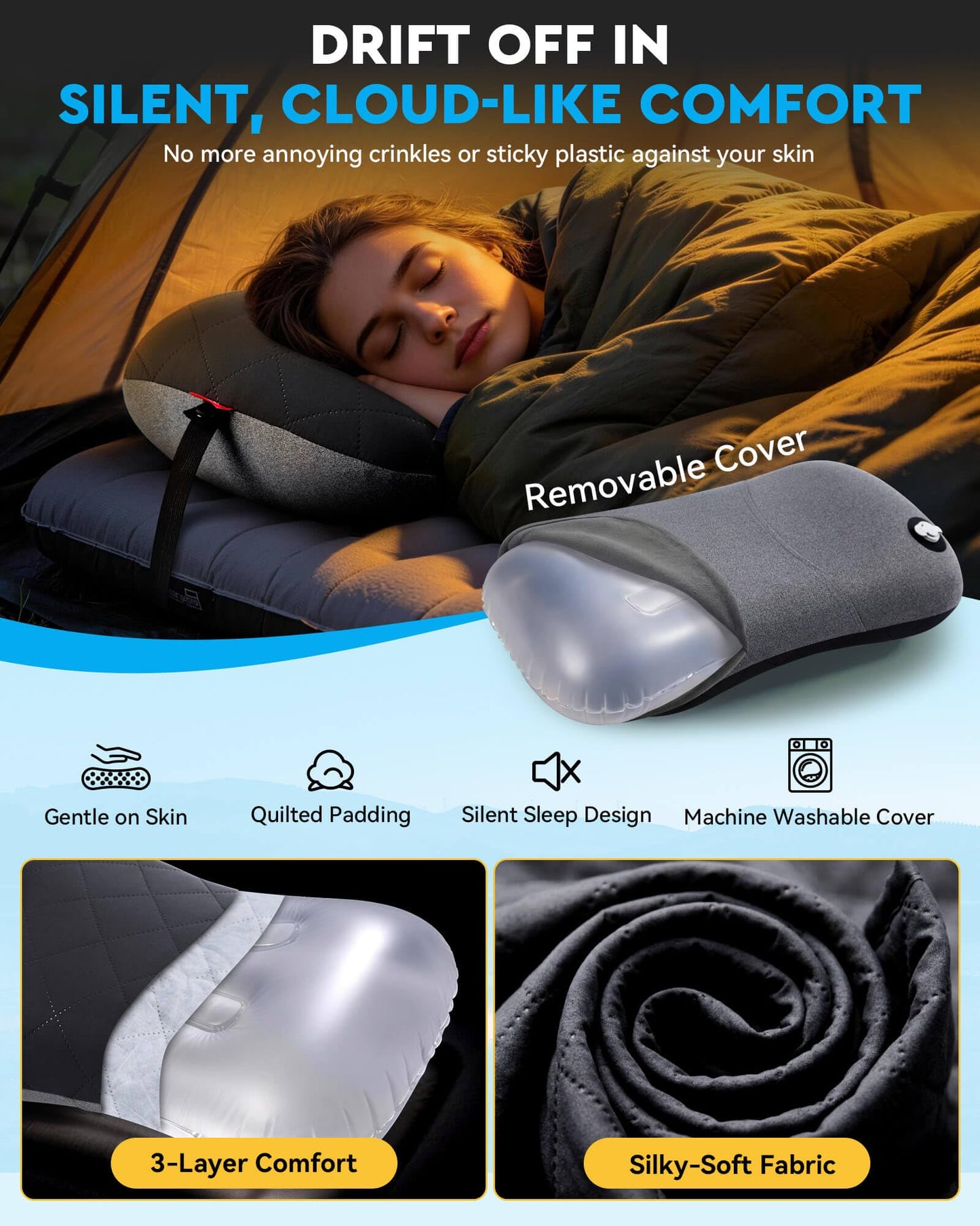 Hikenture Camping Pillow with Removable Cover, Ultralight Inflatable Pillow