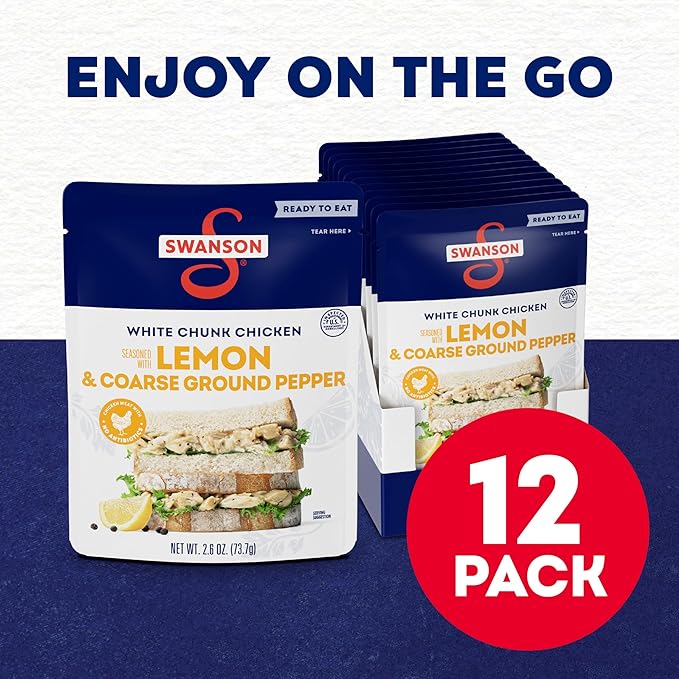 Swanson Lemon and Coarse Ground Pepper White Chunk Cooked Chicken, Ready to Eat, On-the-Go Meals, 2.6 oz Pouch (Case of 12)