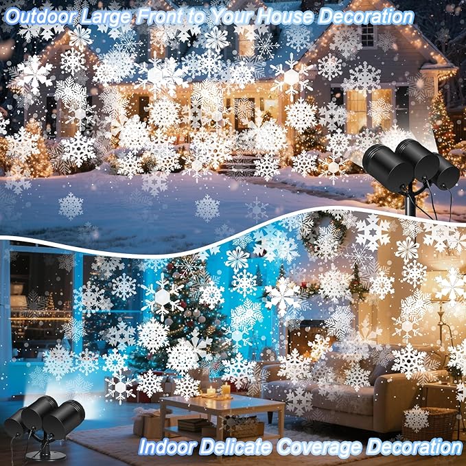 Snowflake Christmas Projector Lights Outdoor, [Timer] Triple Head Snowflake Projector Light, Waterproof 360°Rotating LED Snowfall Projector for Holiday Party Yard Garden Indoor Christmas Decoration