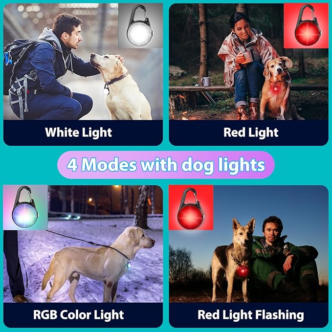 Dog Lights for Night Walking, 4 Modes IP68 Waterproof Dog Collar Lights Clip on, High Capacity Rechargeable Pet Accessories for Climbing, Running, Camping, 2 Packs (White)