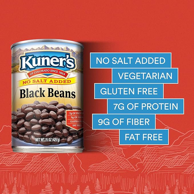Kuner's No Salt Added Canned Black Beans, Plant Protein and Fiber, Gluten Free, Vegan, Fat Free, 12 Pack of 15 oz Cans