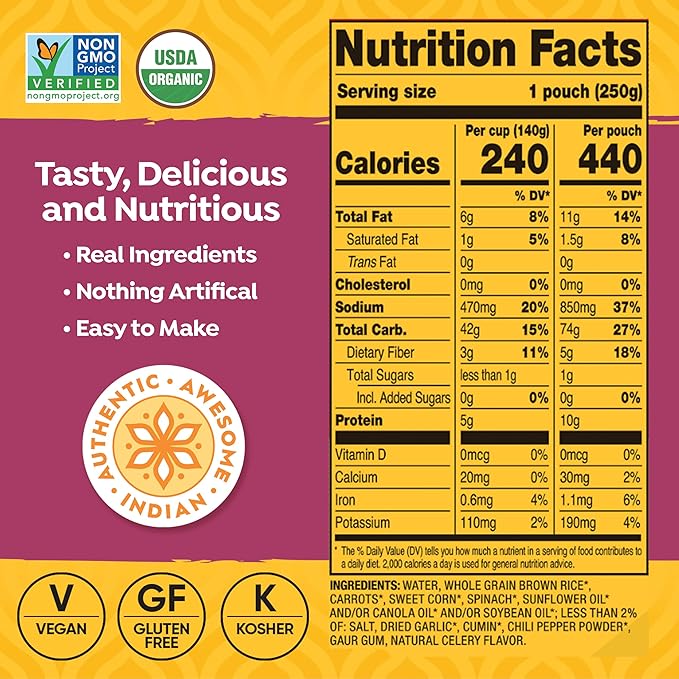 Tasty Bite Organic Brown Rice Garlic, 8.8 Ounce, Pack of 6, Ready to Eat, Microwavable, Gluten-Free Garlicky Rice