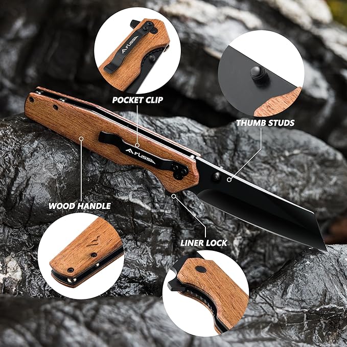 FLISSA Folding Knife, 4-3/4" Reverse Tanto Folding Pocket Knife, Black Stonewash Blade, Wood Handle, for Hunting, Survival, Camping and Outdoor Activities, Great Gifts for Dad, Husband, Friend
