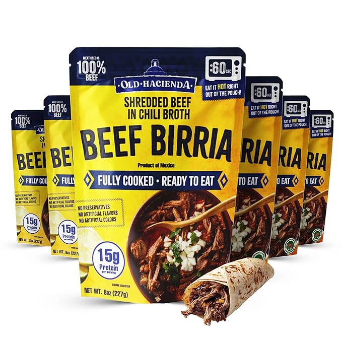Old Hacienda Beef Birria | 100% Shredded Beef in Chili Broth | Fully Cooked & Ready to Eat | 15g Protein | No Preservatives, Artificial Flavors or Colors | BPA Free Pouch | Pack of 6-8 oz