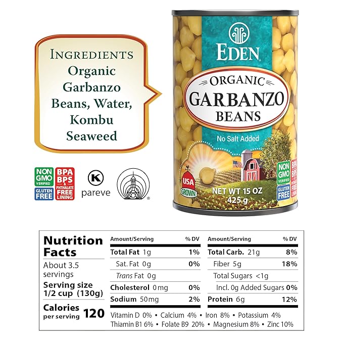 Eden Organic Garbanzo Beans, Chickpeas, 15 oz Can (12-Pack Case), No Salt Added, Non-GMO, Gluten Free, Vegan, Kosher, U.S. Grown, Heat and Serve, Macrobiotic