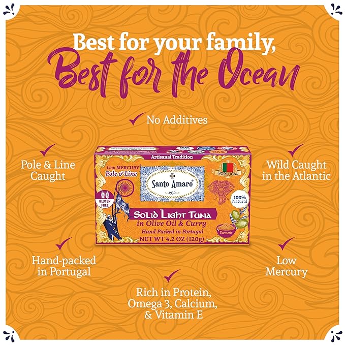 Santo Amaro - Artisanal Wild Tuna Fillets in Olive Oil & Turmeric Curry, Pole & Line Caught from Portugal, Hand-Packed Goa-Style Natural Canned Tuna, 22g Protein, Keto, 124 Cal, Low Mercury, Pack of 6