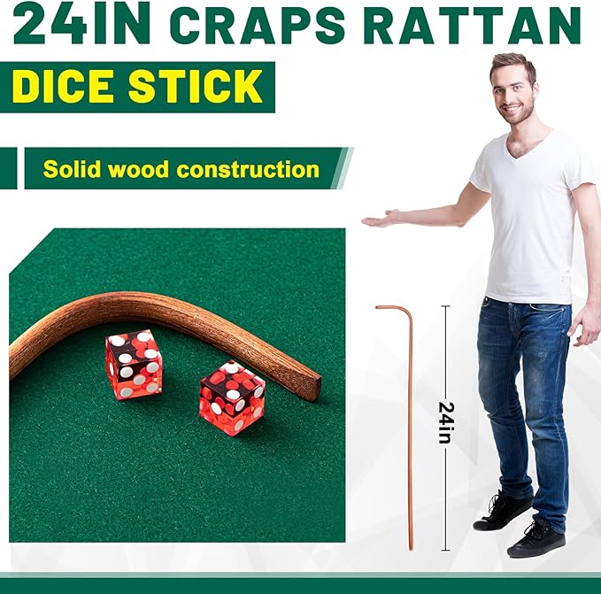 Leyndo Craps Tabletop Game Set, Includes 24" Craps Rattan Stick, Casino Grade AAA 19 mm Dice, 3" Craps ON/Off Poker Button for Craps Game Table